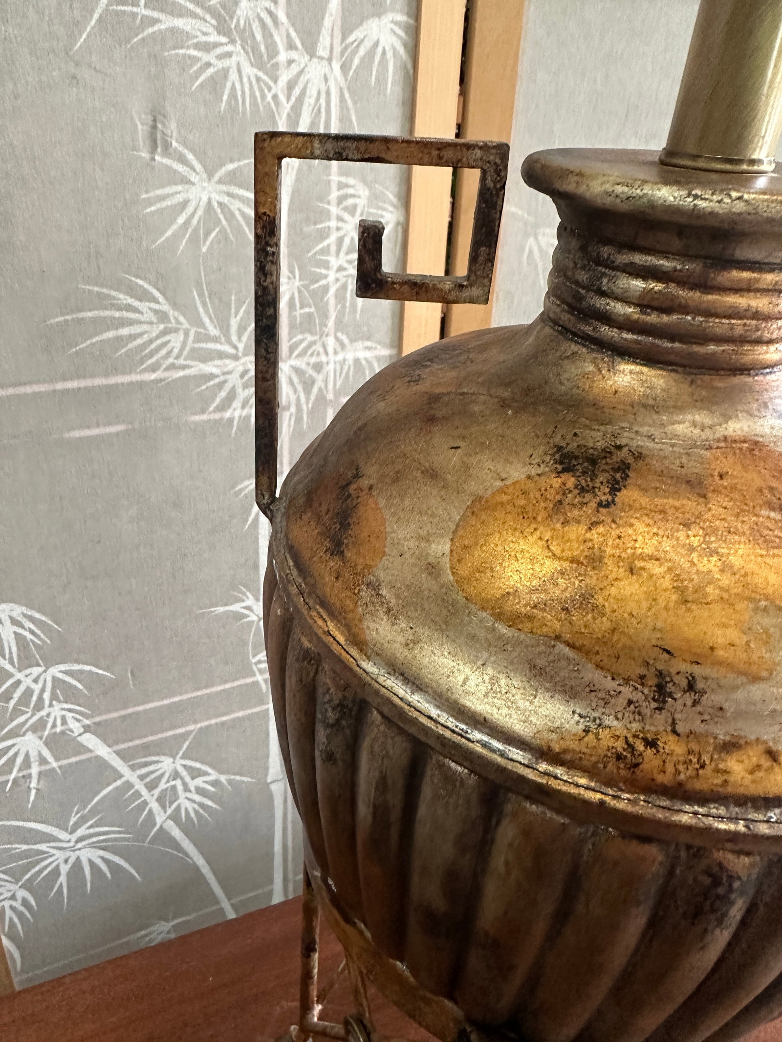 Vintage Brass Colored, Urn Style Footed Table Lamp With Greek Key and Ram Head Details - 3