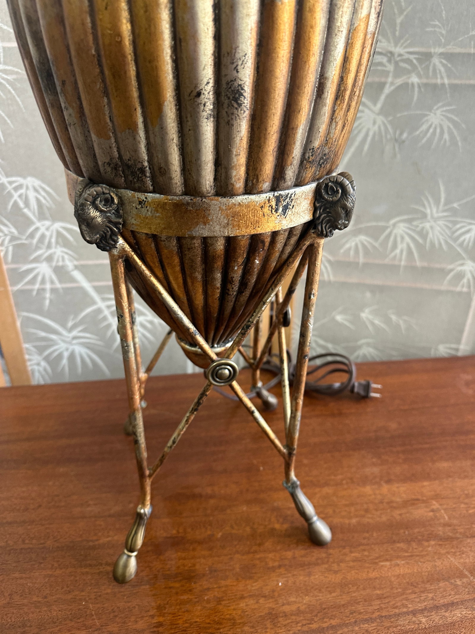 Vintage Brass Colored, Urn Style Footed Table Lamp With Greek Key and Ram Head Details - 4