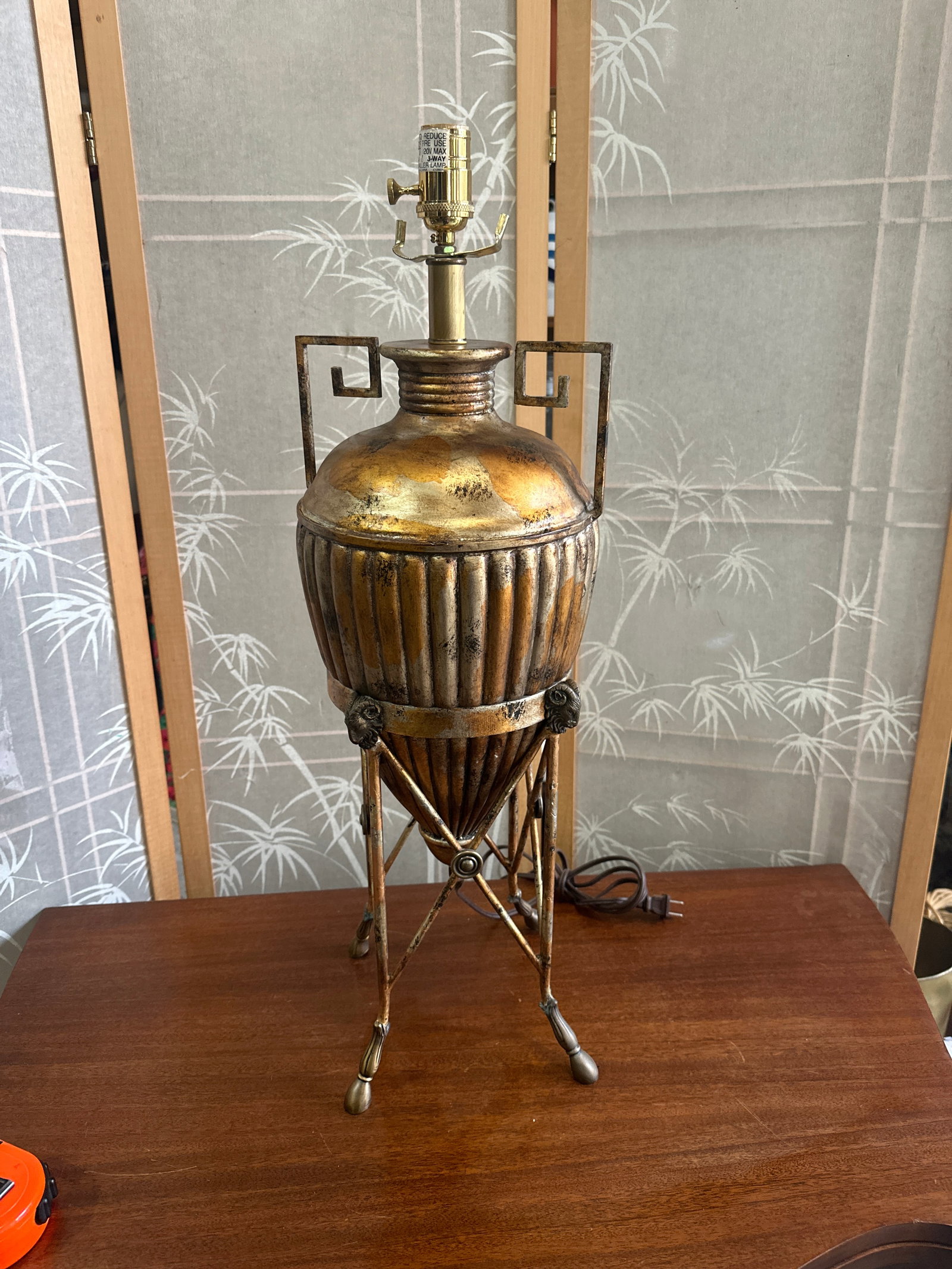 Vintage Brass Colored, Urn Style Footed Table Lamp With Greek Key and Ram Head Details - 6