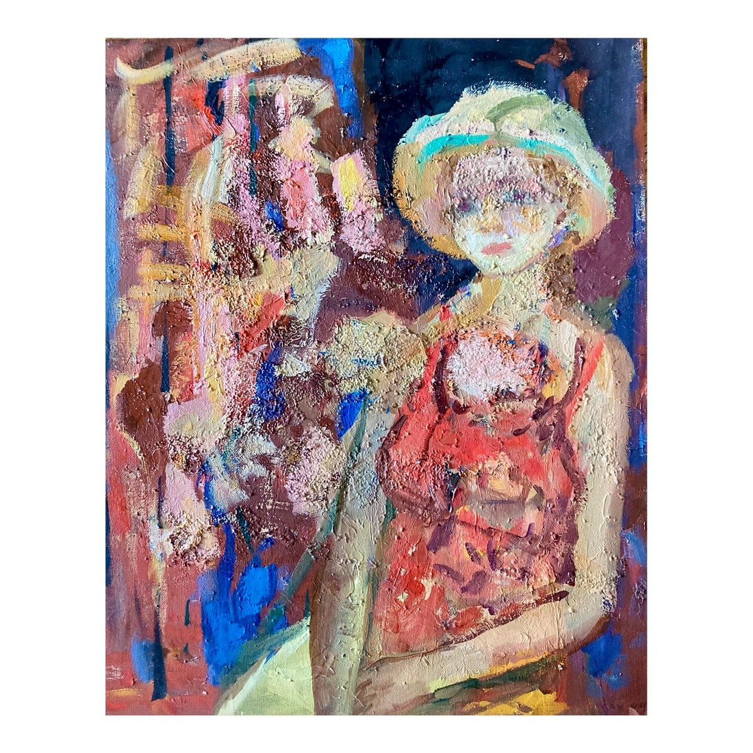 Vintage Portrait of a Young Woman in Hat by Murat Kaboulov 1939-2010: Colorful vintage portrait of a seated young woman in hat. Bold colors and thick textured brush strokes make this painting special. Signed and dated on verso Condition: Alterations: Original Condition
