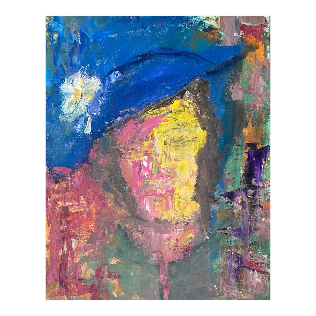 Vintage Whimsical Abstracted Portrait of a Woman in Blue Hat by Murat Kaboulov 1939-2010: Very colorful and textured brushstrokes make this beautiful piece of art very appealing. From Murat Kaboulov estate. Unsigned. Unframed Condition: Alterations: Original Condition Unaltered