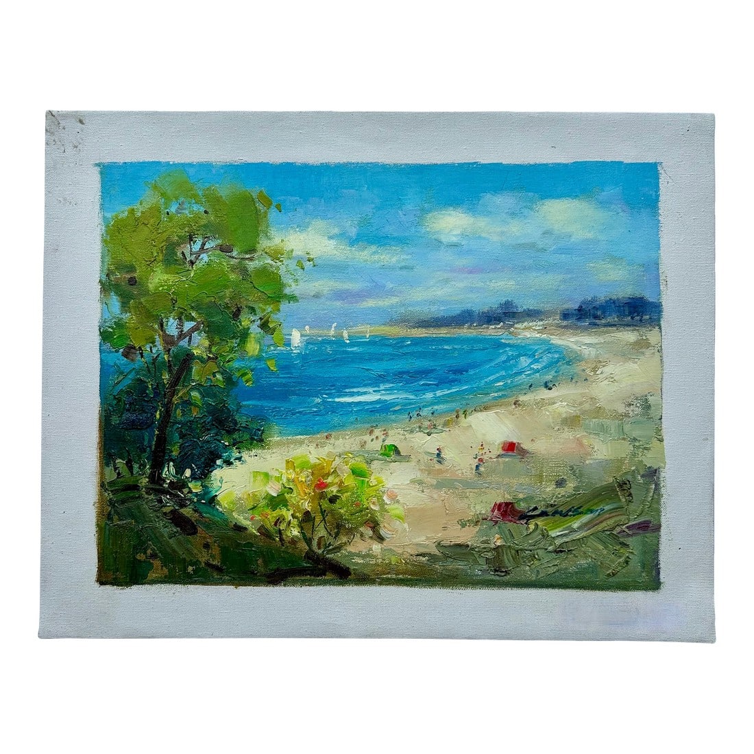 Beach Coastal Scene Sailboats Oil Painting on Canvas, Unstretched, by Lambdom: Original oil painting on canvas signed by artist Lambdom. Unstretched canvas, measuring 16 x 12". Enjoy free shipping! Please note: If you purchase multiple items, we'll gladly combine