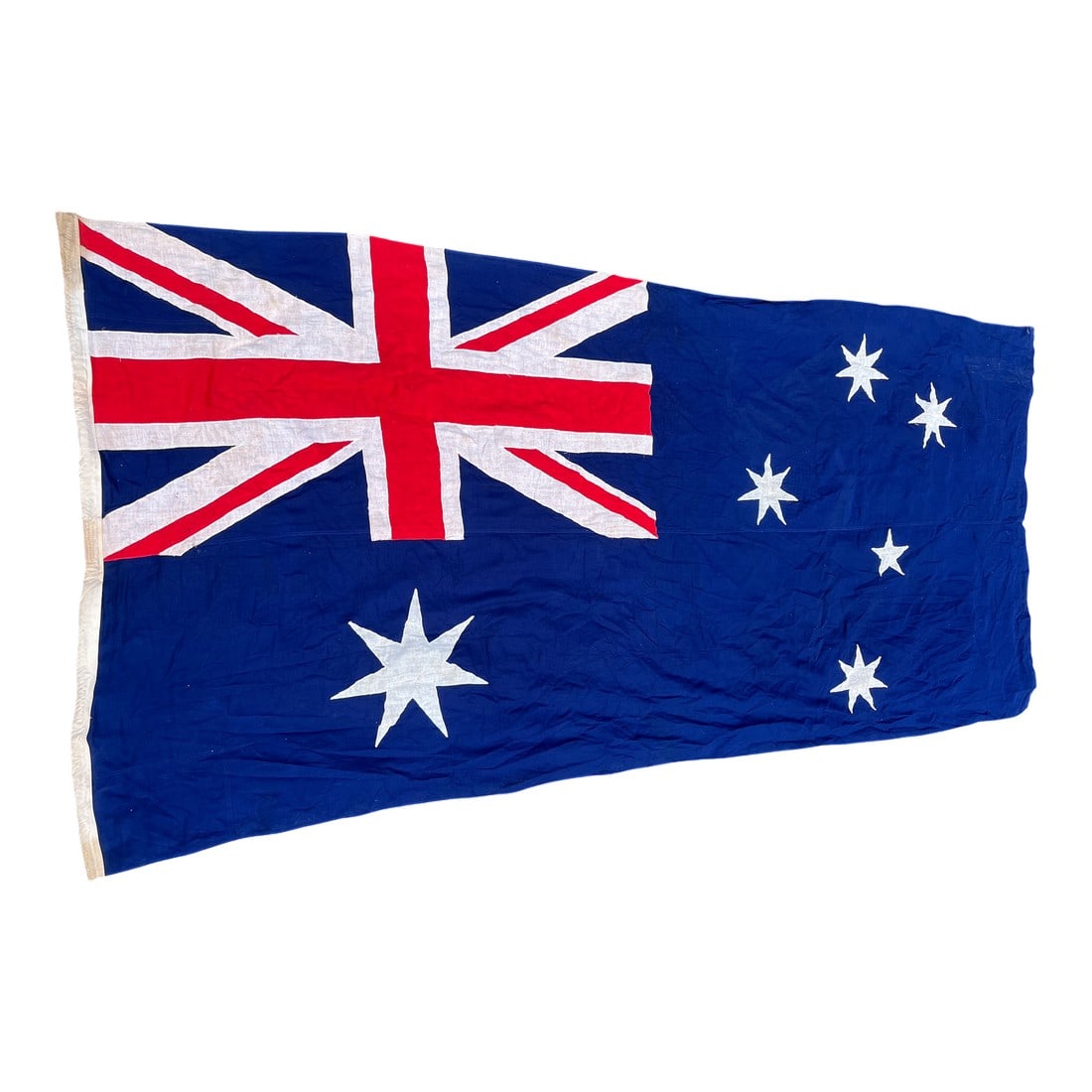 Hand-Sewn Oversized Australia Flag – 115" X 54" – Early 20th Century Textile Maritime or: Patriotism, craftsmanship and history combine in this striking hand-sewn Australian flag, an impressive 115" long by 54" tall textile made with fully appliquéd stars, a pieced Union Jack canton,