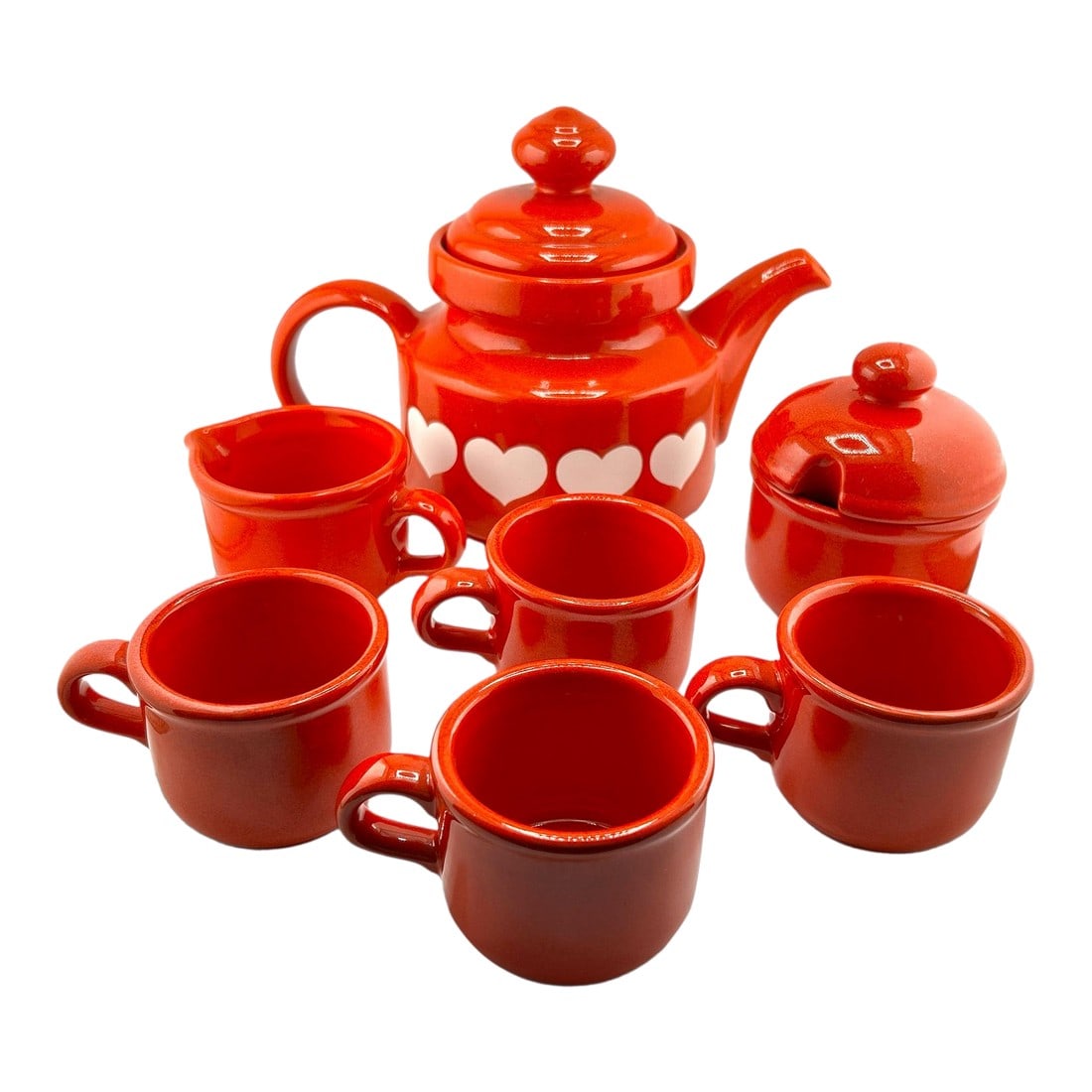 1960s Mid Century Waechtersbach West Germany Ceramic 9pc Tea Set: Add this stunning vintage tea set to your holiday hosting this year- made in West Germany, this set features a teapot, creamer bowl, sugar dish with lid and four teacups/ coffee cups. No cracks or