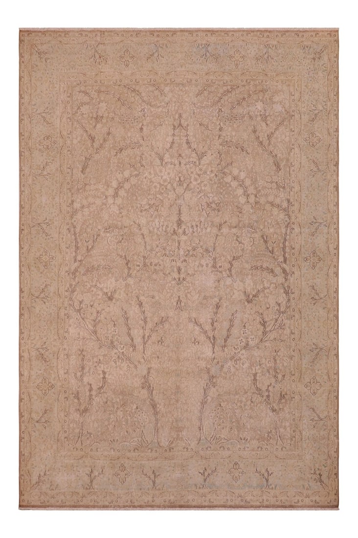 1980s 1980s Distressed Tan/Blue Wool Rug: A mesmerizing addition to any decor, this brand-new hand knotted vintage distressed wool rug featuring vibrant colors and a traditional design is made by skilled artisans capable of creating the most