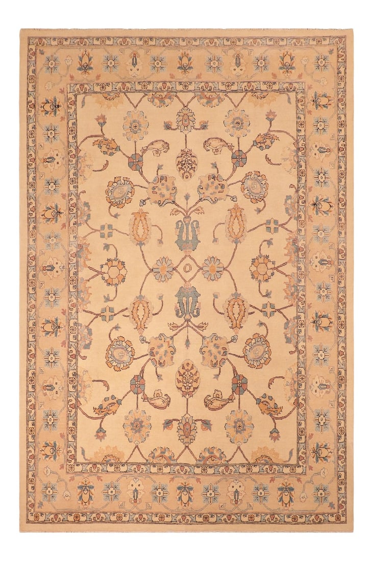 1980s 1980s Boho Chic Beige/Blue Wool Rug - 8'0" X 10'2": Designed with mesmerizing intricacy and gorgeous color palette, this hand-knotted masterpiece is an semi-Vintage distressed vintage rug. Featuring a low-pile, showcasing the intricate design and pile
