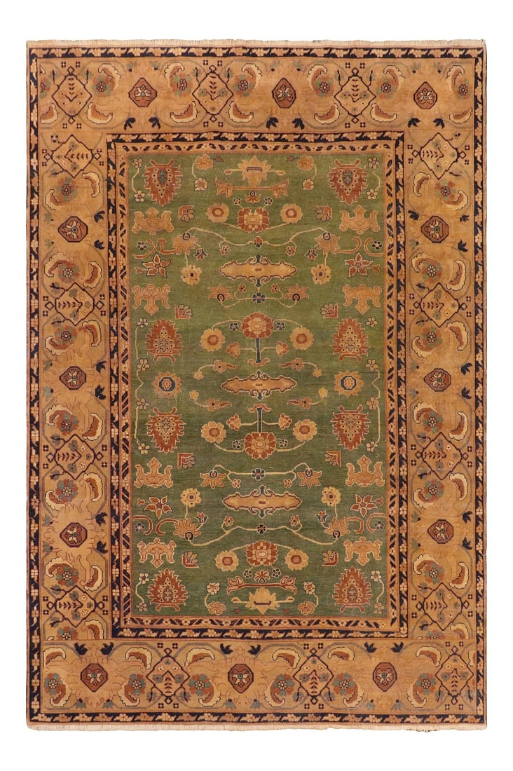 1980s Shabby Chic Green/Gold Wool Rug - 7'3" X 10'1": Designed with mesmerizing intricacy and gorgeous color palette, this hand-knotted masterpiece is an semi-Vintage distressed vintage rug. Featuring a low-pile, showcasing the intricate design and pile