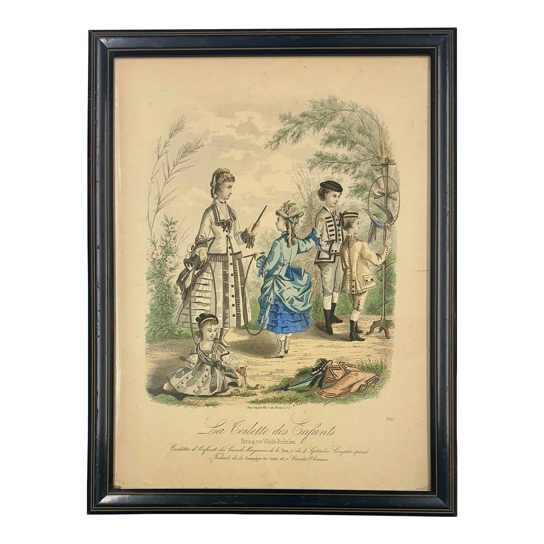 French Fashion Print "La Toilette Des Enfants", 1855 (Framed): Original hand colored engraving from La Poupée Modèle or Le Moniteur de la Mode. La Coilette des Enfants, circa 1855. The detailed illustrations capture the elaborate and layered styles popu