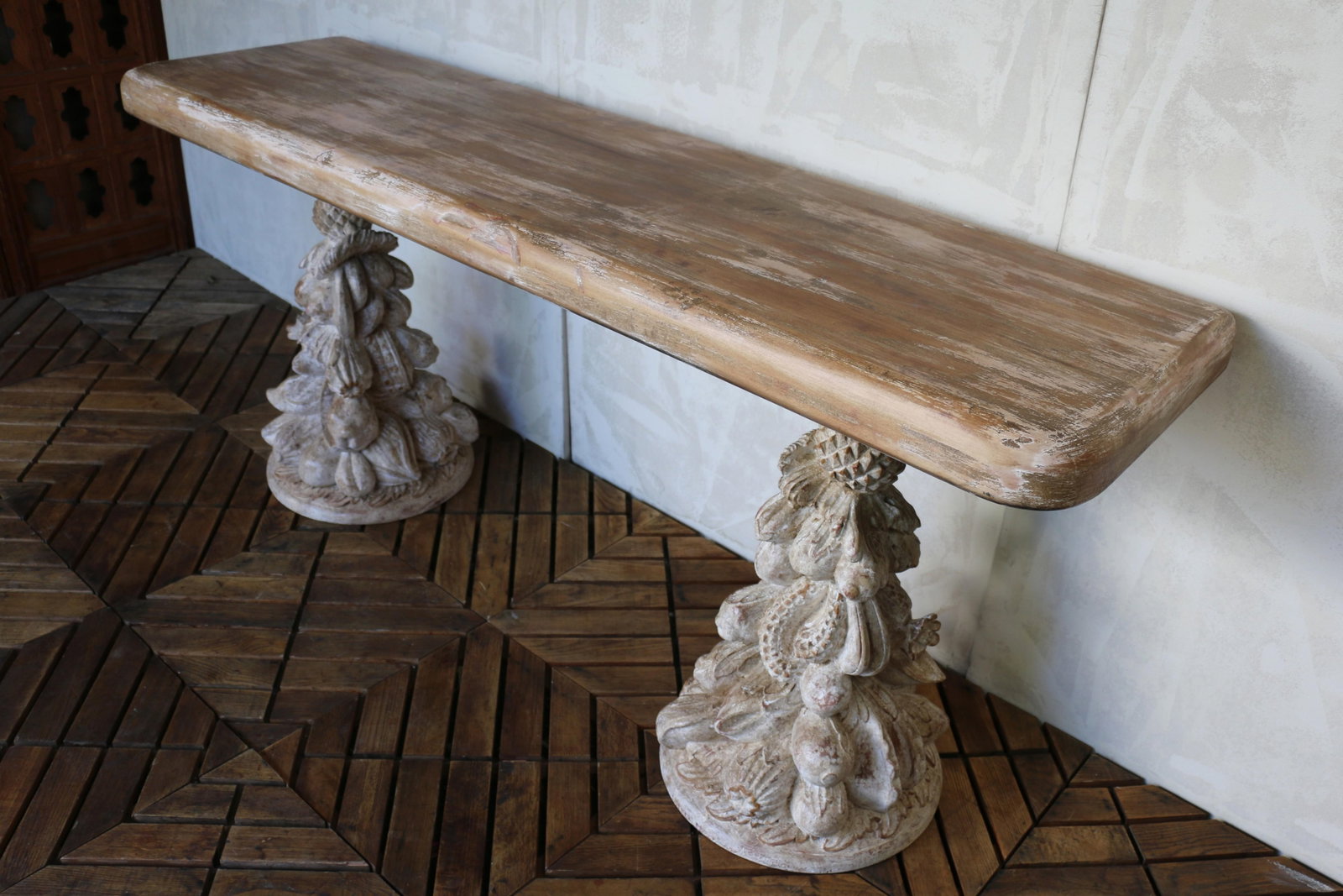 Vintage Carved Wood Console Table "” Solid Wood Pedestal Base, Circa 1940s - 14