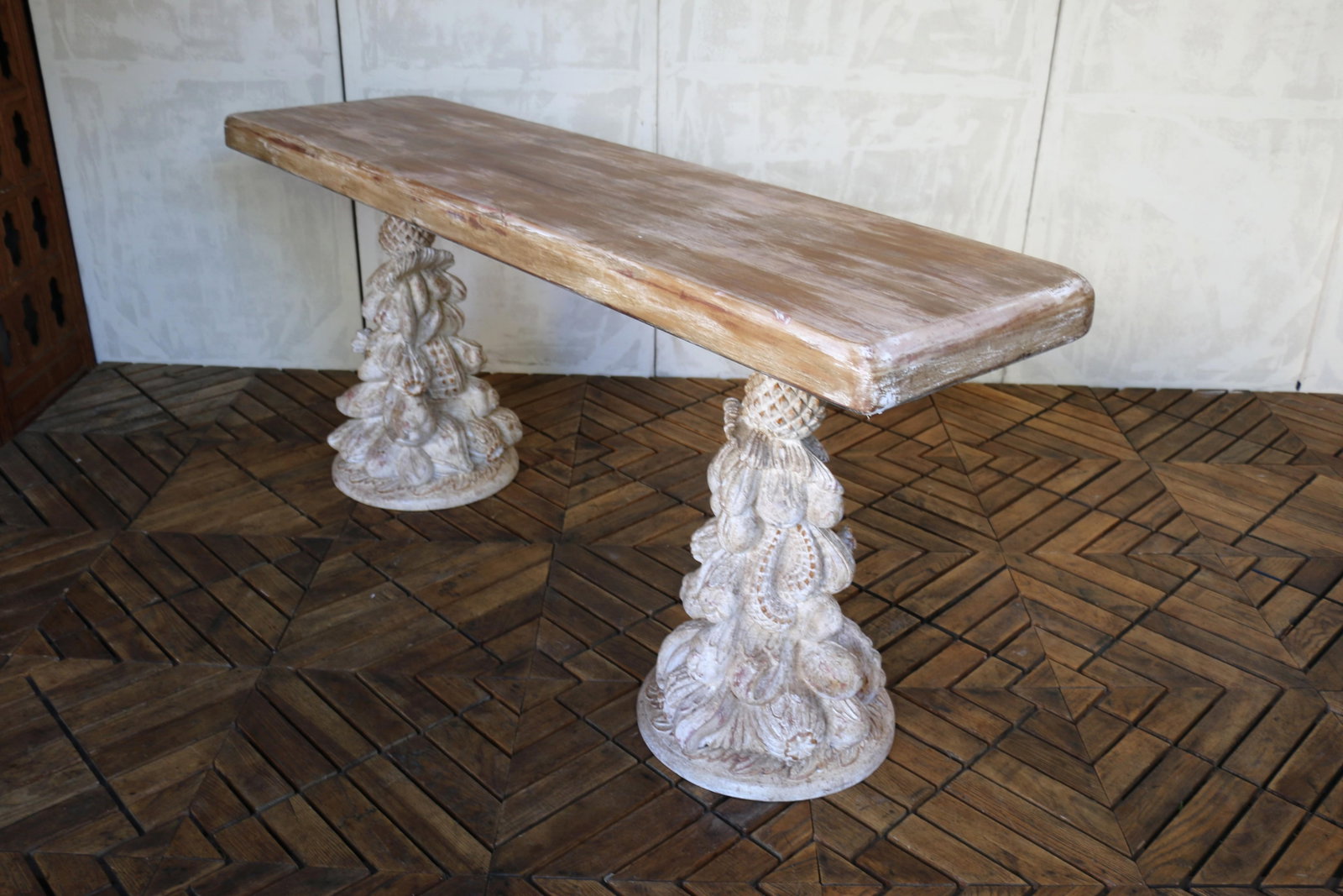 Vintage Carved Wood Console Table "” Solid Wood Pedestal Base, Circa 1940s - 4