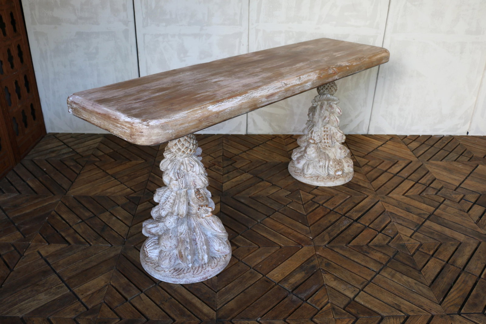 Vintage Carved Wood Console Table "” Solid Wood Pedestal Base, Circa 1940s - 5