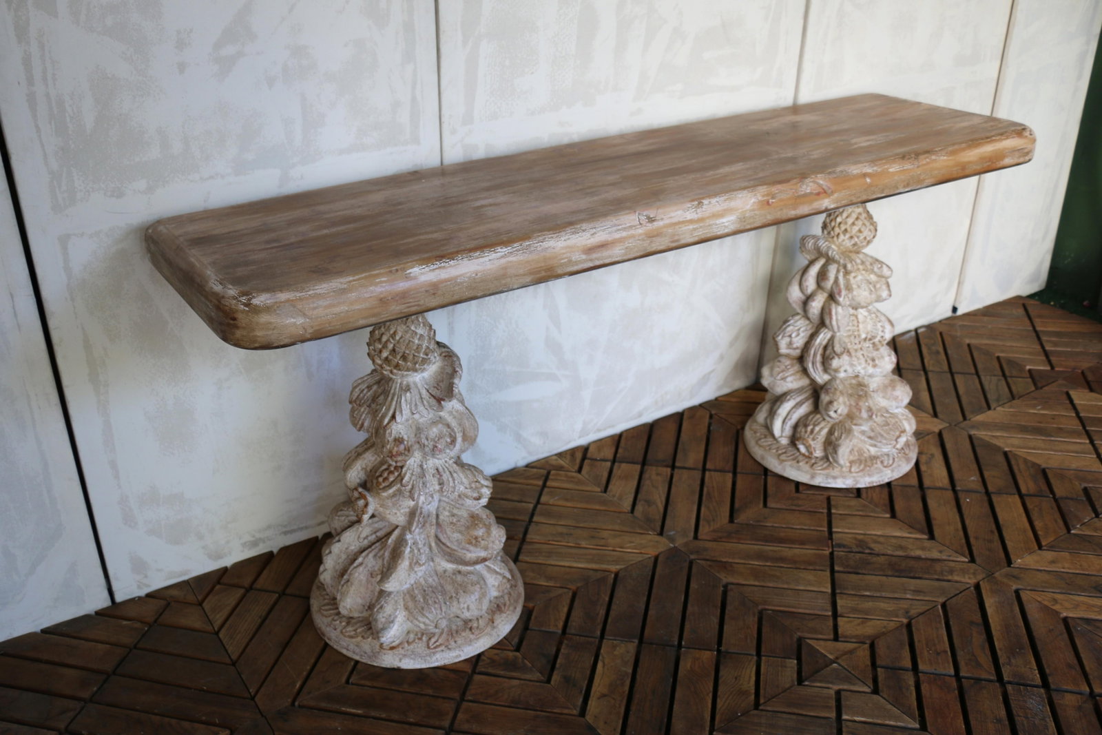 Vintage Carved Wood Console Table "” Solid Wood Pedestal Base, Circa 1940s - 9