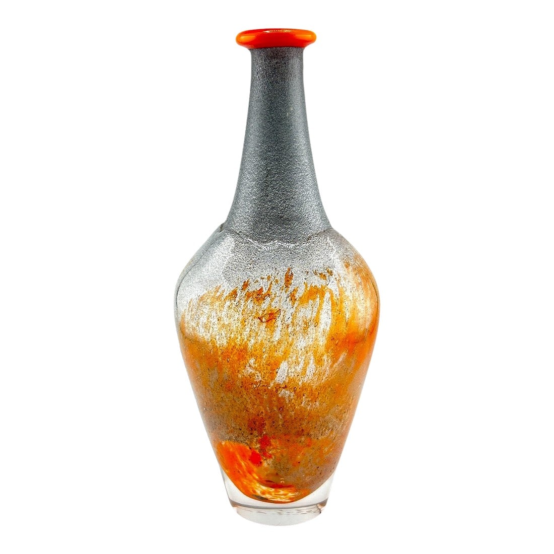 1970's Kosta Boda Monica Backstrom Signed Orange Art Glass Vase: Stunning art glass vase from Kosta Boda by Monica Backstrom. Stunning bright orange rim fading to gray and back to orange with a clear base. No chips or cracks. Measures 7 3/4" tall. Condition: