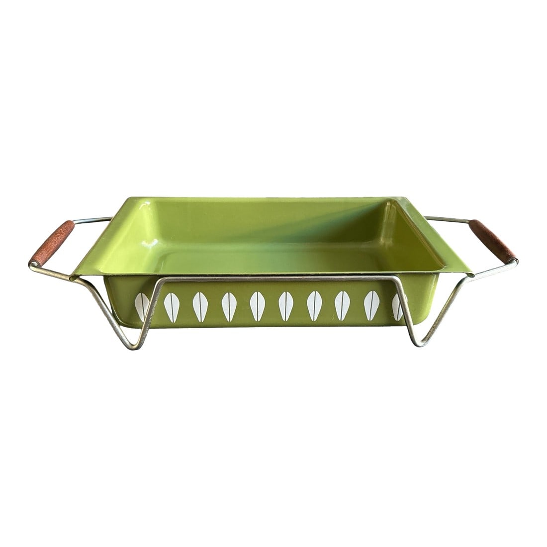 1960's Avocado Green Catherine Holm Lotus Enamel Baking Casserole Dish With Teak Handled Holder: Rare item from Cathrine Holm by Grete Prytz Kittelsen-her stunning lotus print on this fabulous baking or serving enamel dish with its original metal and teak handled carrying holder. This peeve is