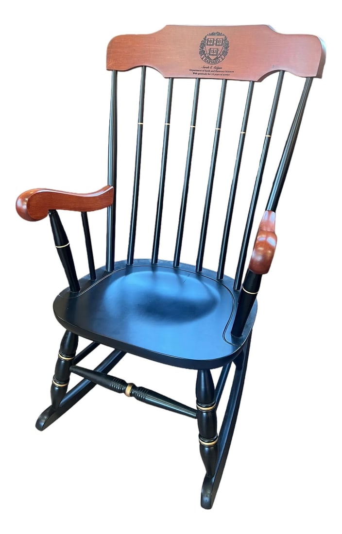 Harvard University Boston Rocker Black and Gold: This is a customized Harvard University faculty rocker for 14 years of service. In good condition. Black with gold accents Condition: Alterations: Original Condition Unaltered Imperfections: Some