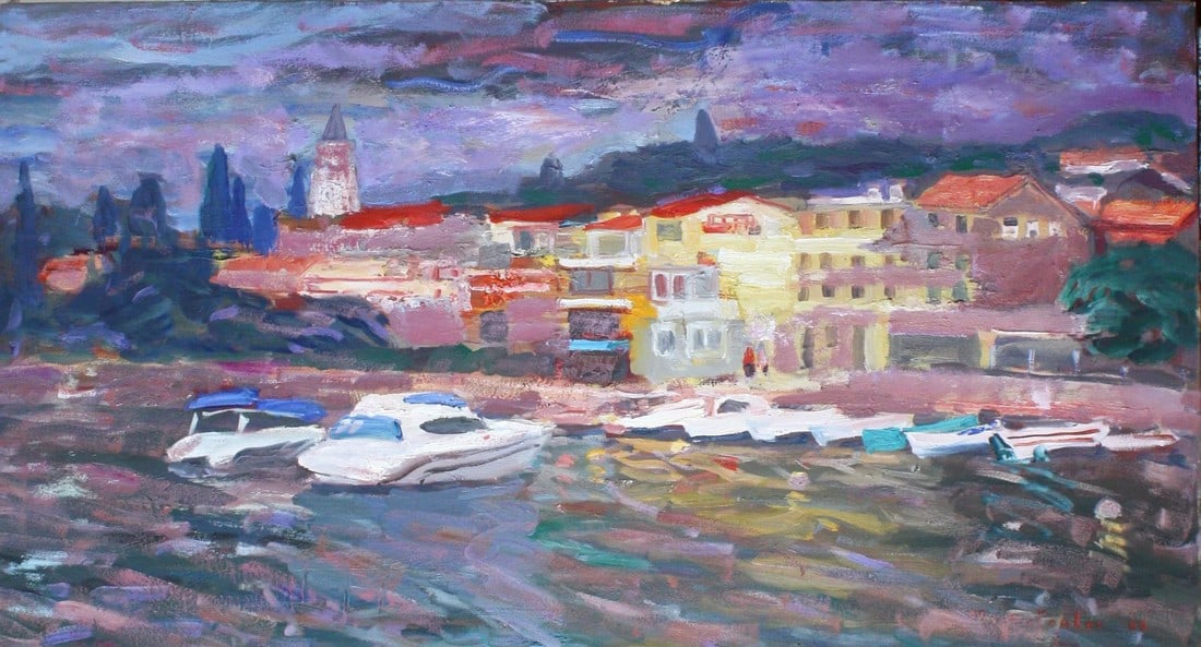 Portofino Original Painting by Murat Kaboulov: Original oil painting by Murat Kaboulov (1939-2010). From the artist's estate. Signed lower right and on verso. Unframed. Includes certificate of authenticity. Condition: Alterations: Original Conditi