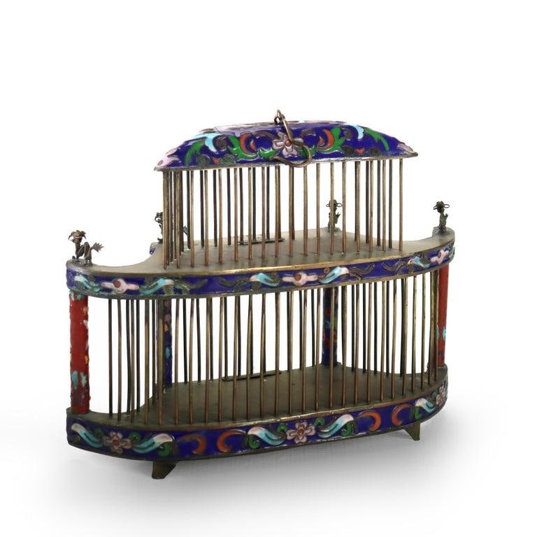 Antique Chinese Floral Cloisonne Enameled Cage With Dragon Finials C1900 - 3