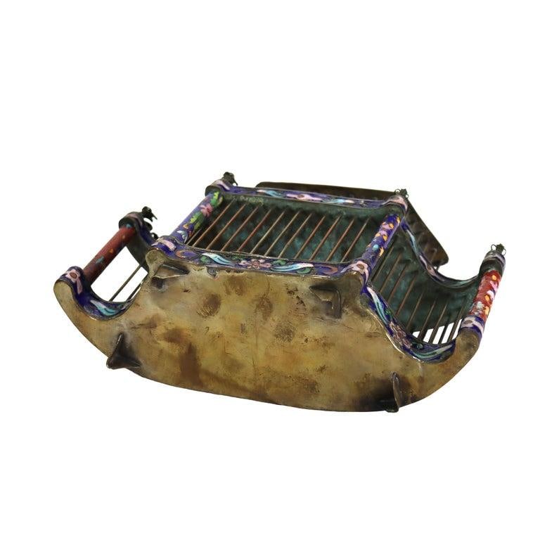 Antique Chinese Floral Cloisonne Enameled Cage With Dragon Finials C1900 - 7