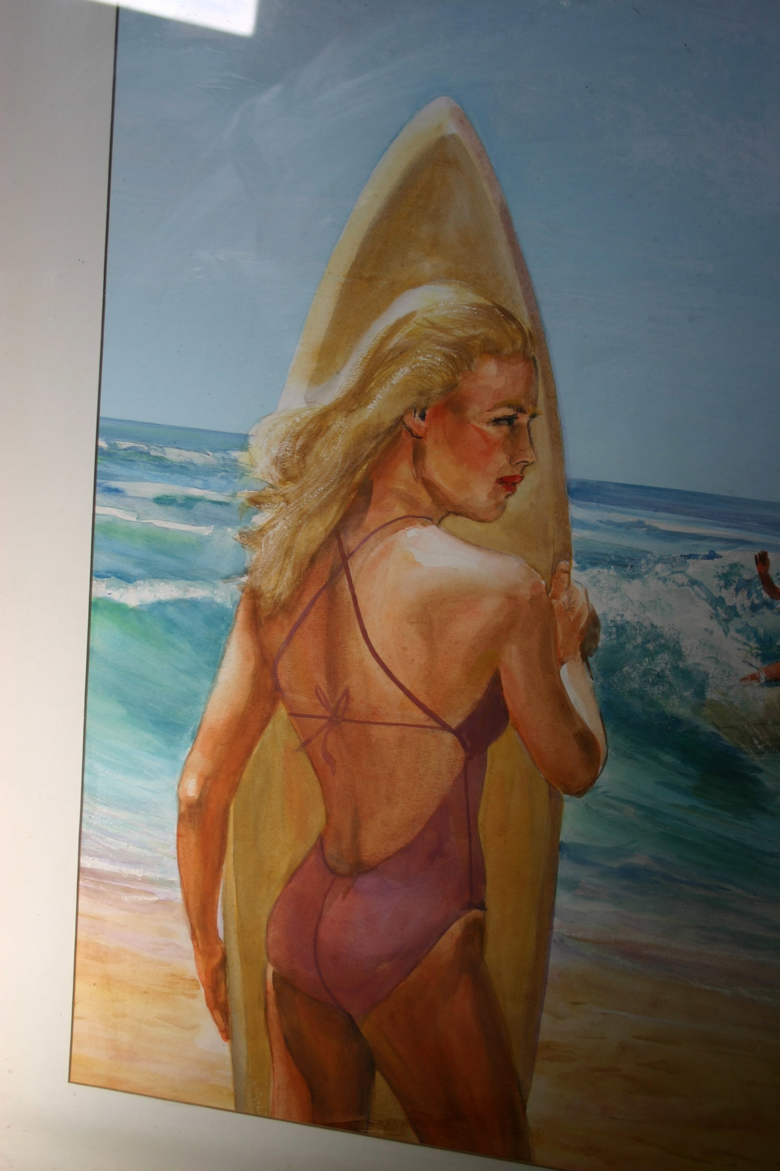 1960s Watercolor - Surfer Girl - Beach Scene - 2