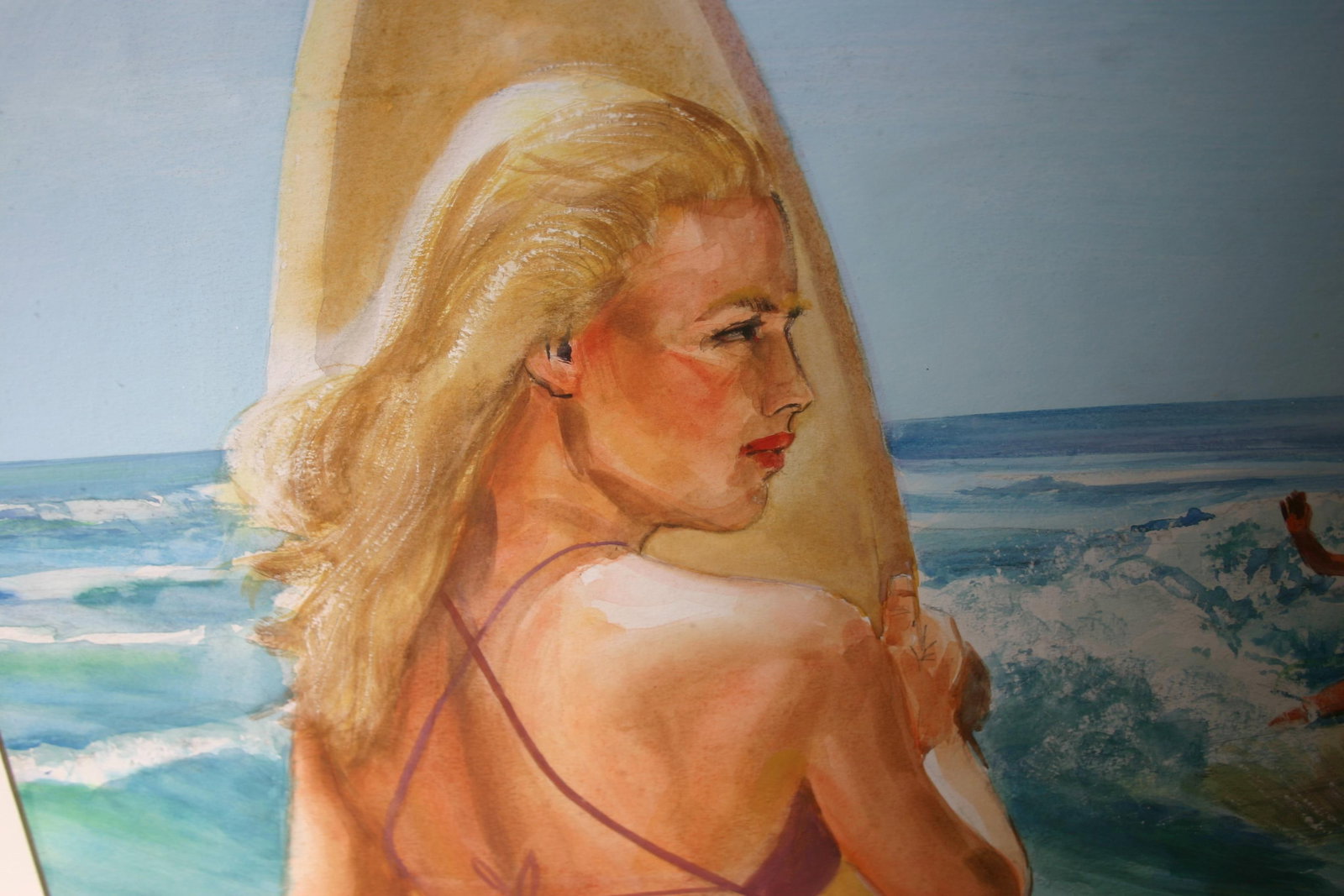 1960s Watercolor - Surfer Girl - Beach Scene - 4