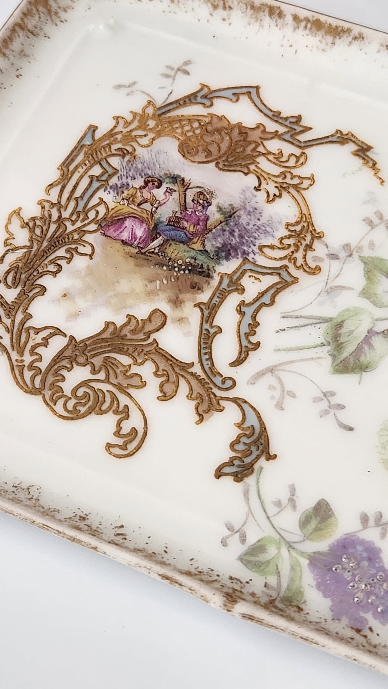 Antique Victorian Miniature Porcelain Plates & Matching Tray – Romantic Pastoral Scenes, Gilt - 14
