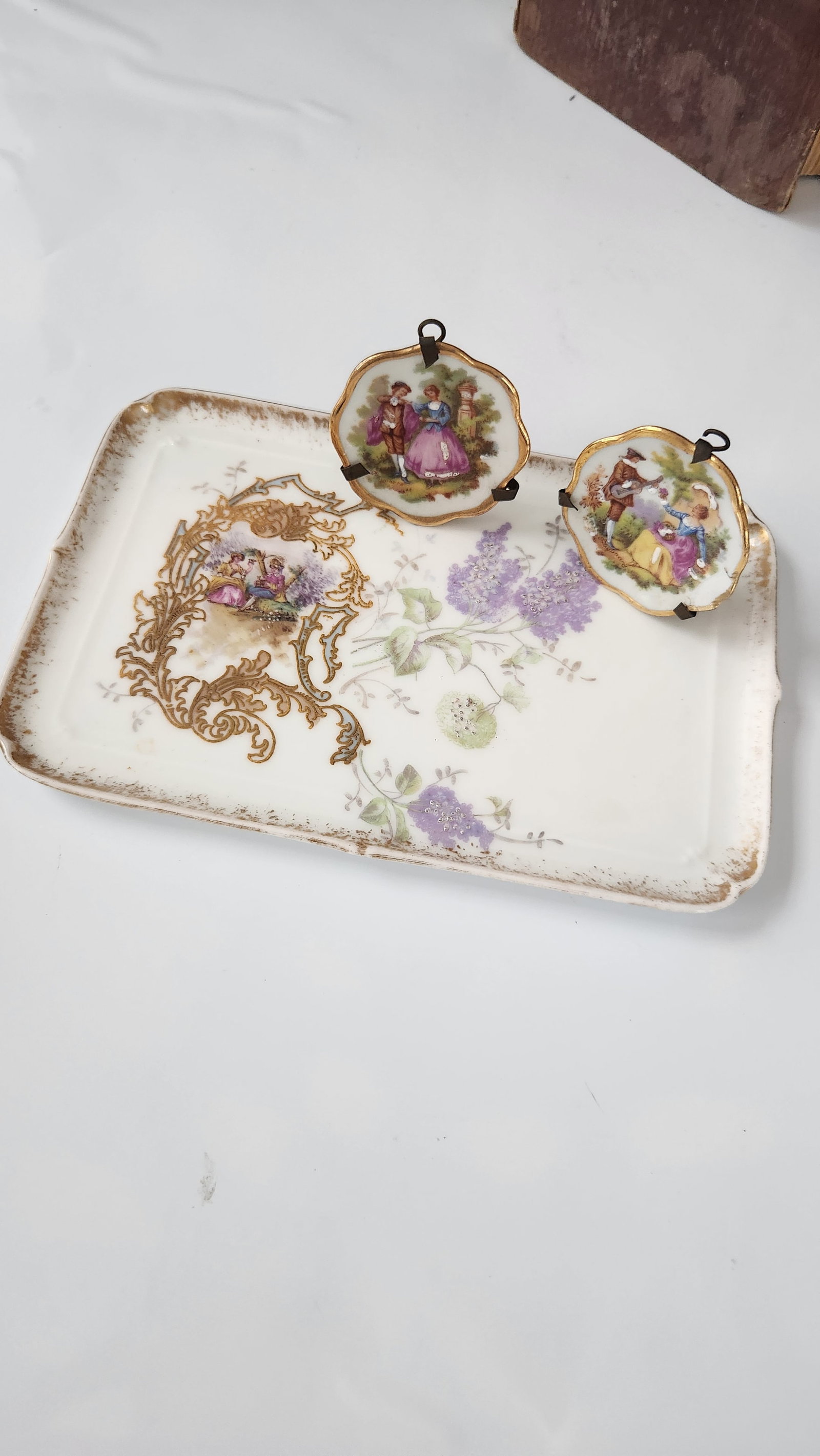 Antique Victorian Miniature Porcelain Plates & Matching Tray – Romantic Pastoral Scenes, Gilt - 2