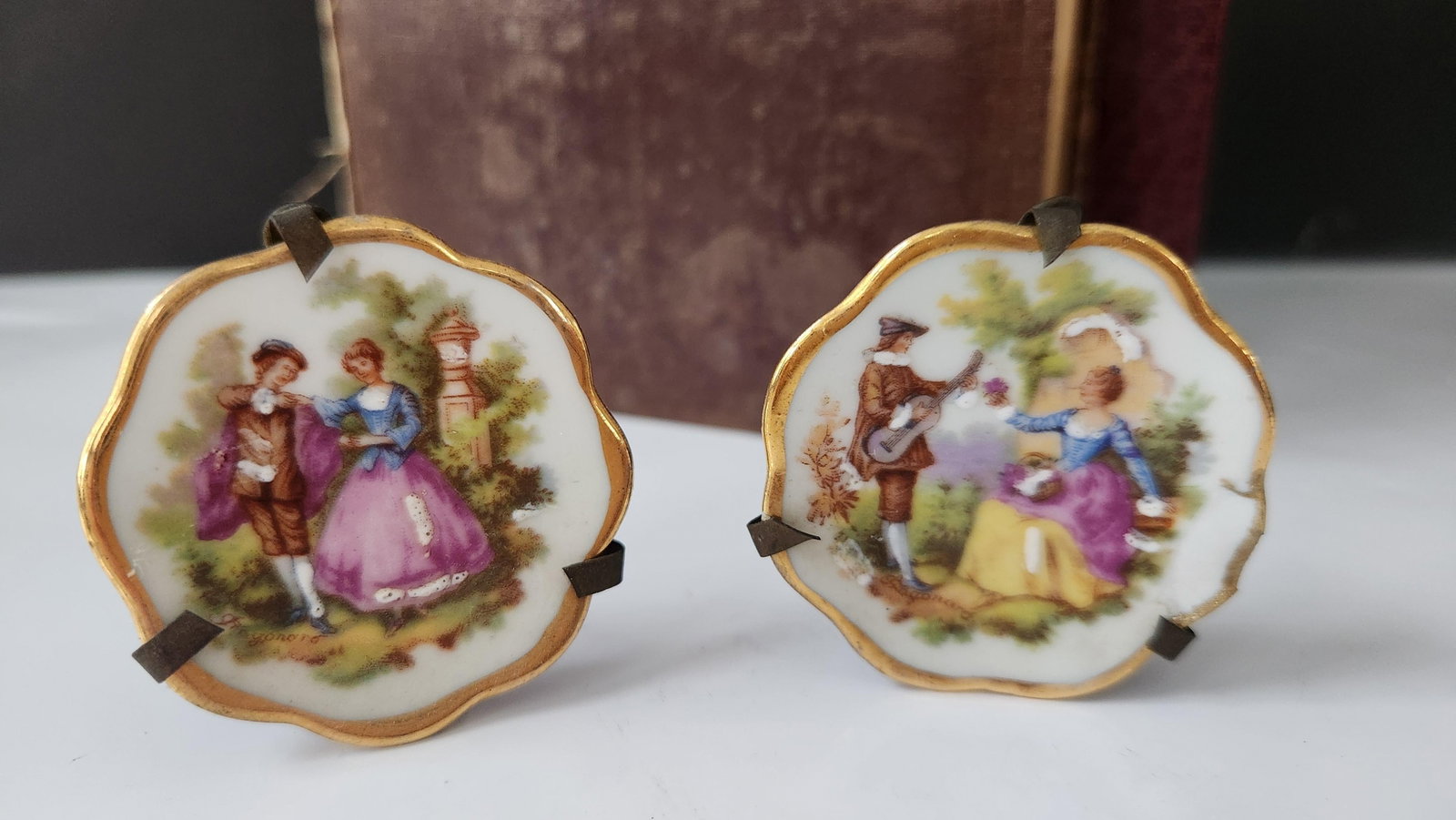 Antique Victorian Miniature Porcelain Plates & Matching Tray – Romantic Pastoral Scenes, Gilt - 3