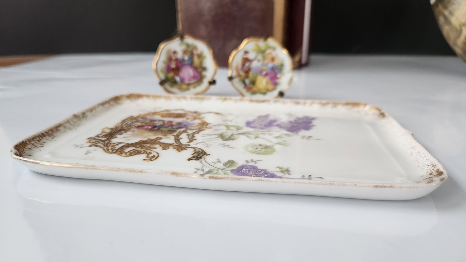 Antique Victorian Miniature Porcelain Plates & Matching Tray – Romantic Pastoral Scenes, Gilt - 4