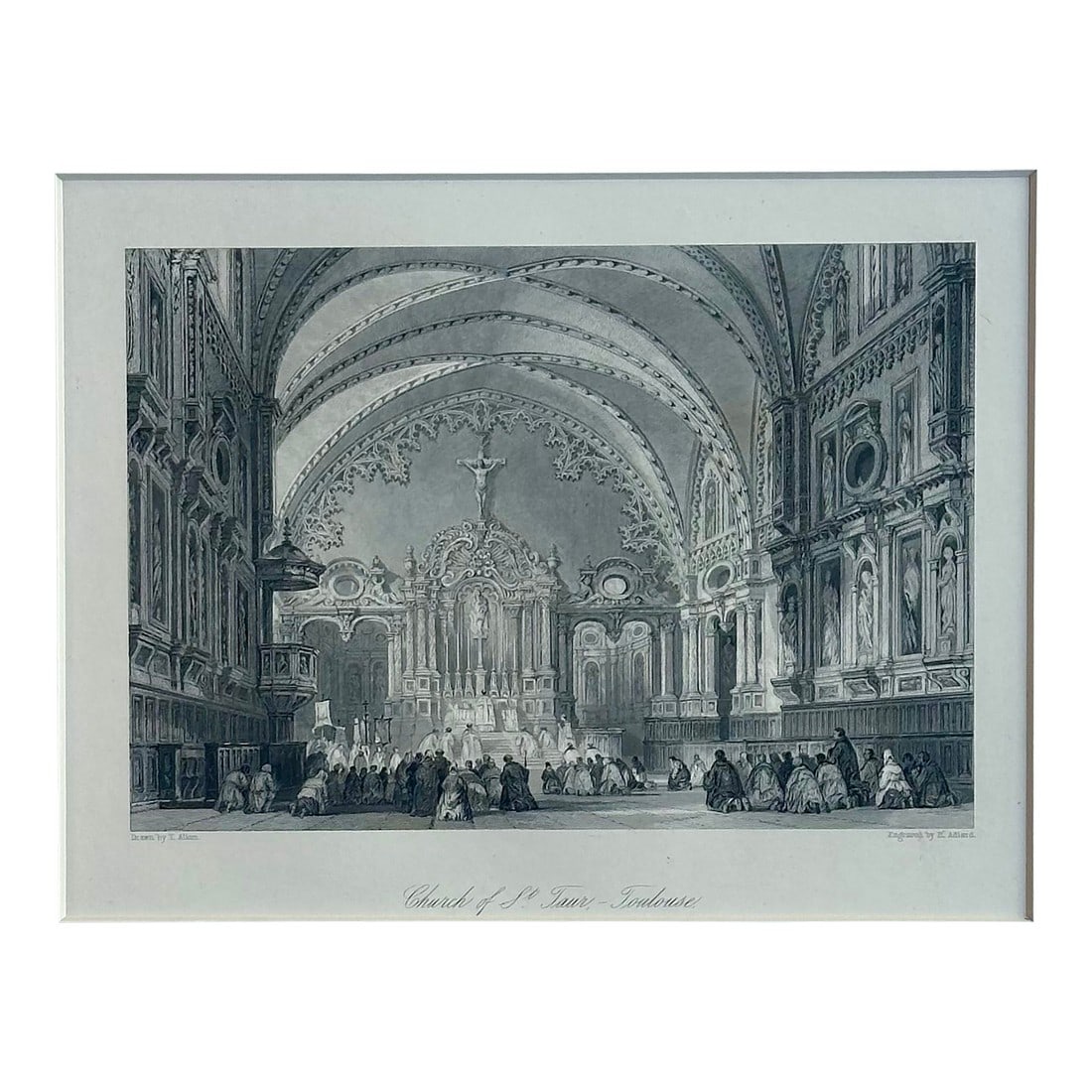Church of St. Taur (Notre-Dame Du Taur) Toulouse, France, 1840: Original steel engraving drawn by Thomas Allom and engraved by H. Adlard from a series called France Illustrated in 1840. Dimensions: 14 x 11" The church is built on the legendary spot where the body