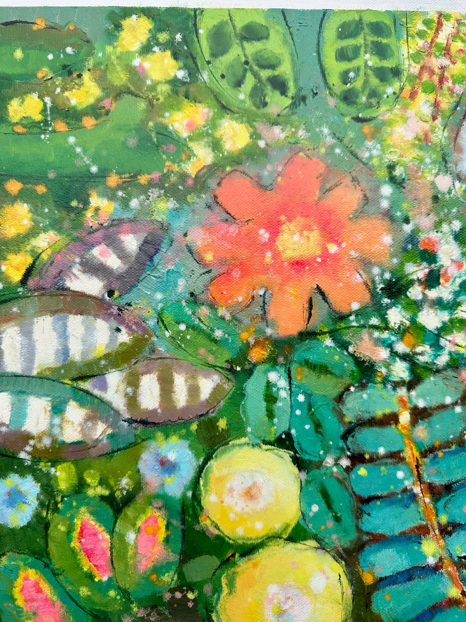Vibrant Abstract Floral Painting on Canvas, Unstretched, by Youn Cho - 4