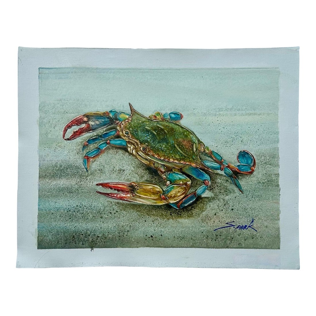 Blue Crab Coastal Oil Painting on Canvas, Unstretched, by S. Park: Original oil on canvas on unstretched canvas, measuring 16 x 12". Â Signed by artist S. Park, circa 2024. Please note: If you purchase multiple items, we'll gladly combine shipping"”just