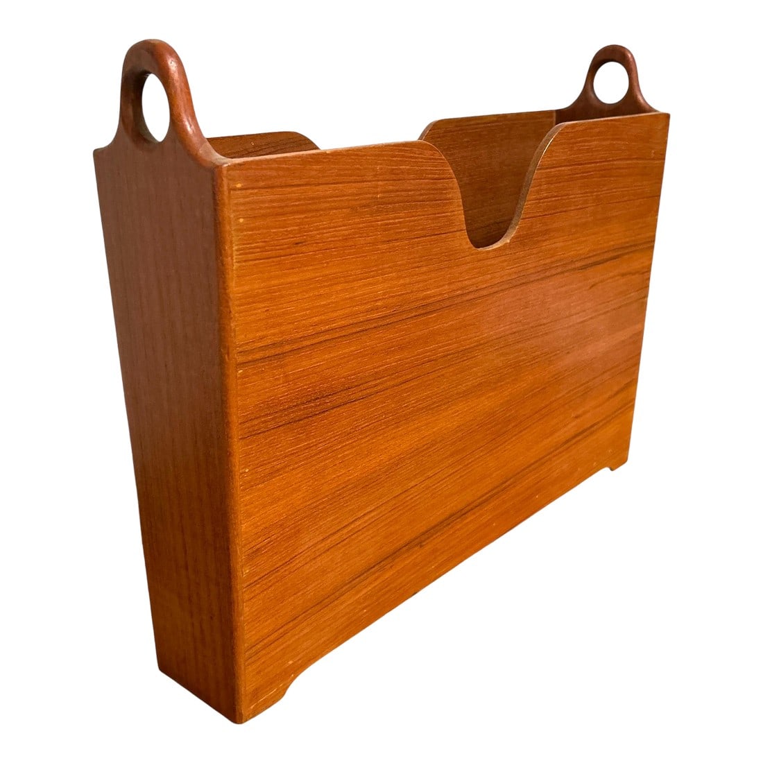 Mid 20th Century Danish Teak Wood Magazine Rack: Near mint condition- made from beautiful teak wood. Easily tucked away with its slender design. Unmarked. Condition: Alterations: Original Condition Unaltered Imperfections: Some Imperfections Conditi