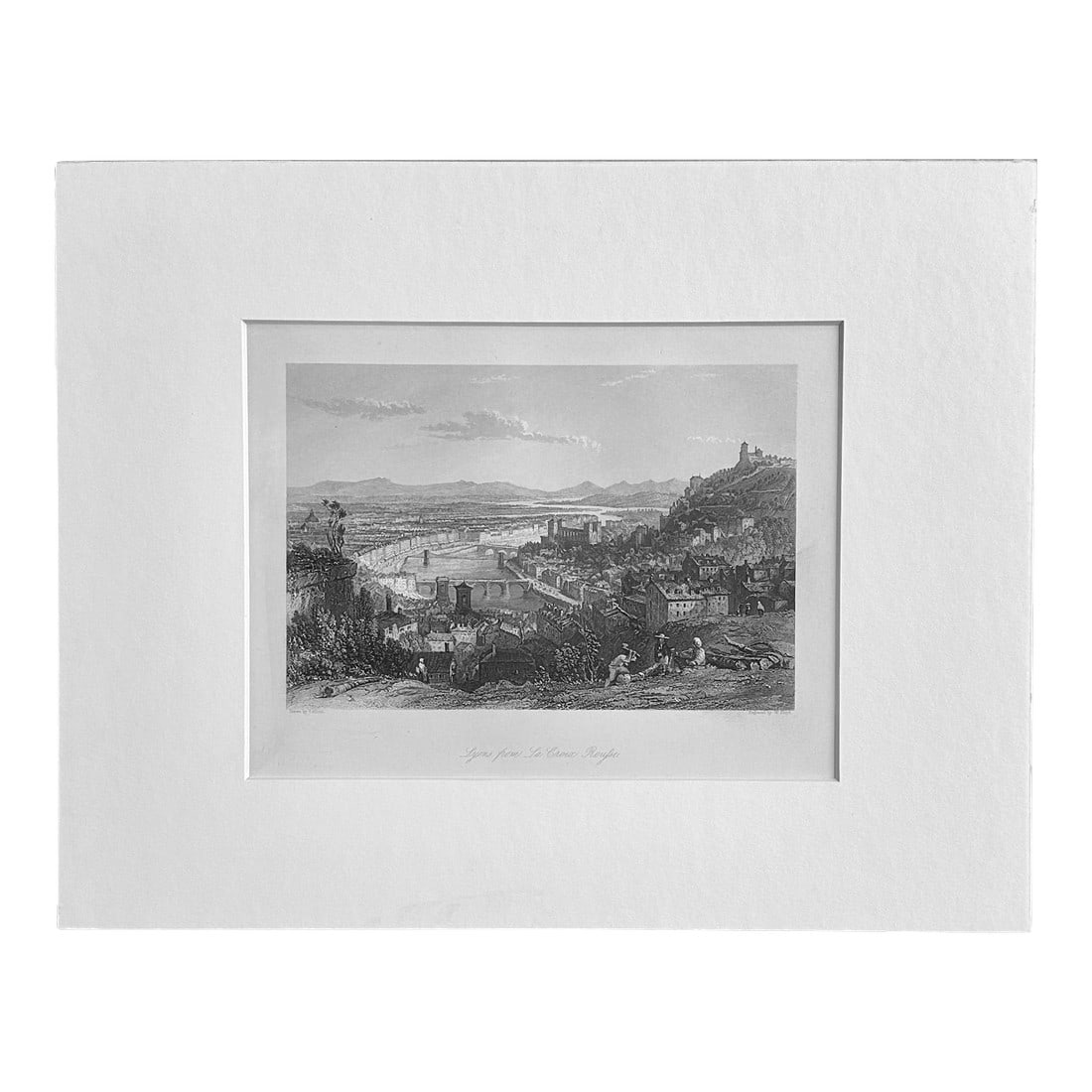 Lyons, From La Croix Rousse Original Print by Allom, 1870: Original steel engraving drawn by Thomas Allom and engraved by W. Floyd from a series called Europe Illustrated, circa 1840. The view of Lyon, France, seen from the elevated viewpoint of the La