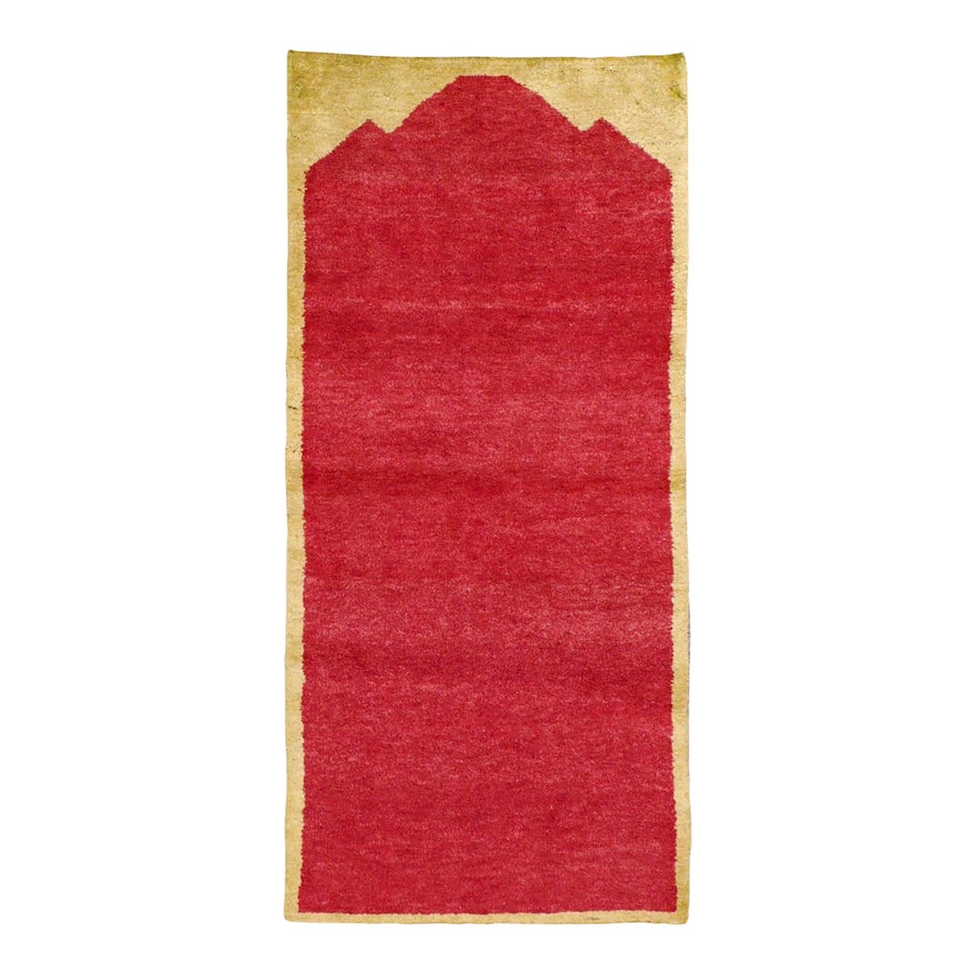 Galerie Shabab Collection Mid-20th Century Turkish Anatolian Throw Rug: A vintage Turkish Anatolian throw rug. Two colors: red and sandy beige. A triple pointed tall plain red niche bends to a faceted apex near the top of the rug. No borders. No secondary decoration.