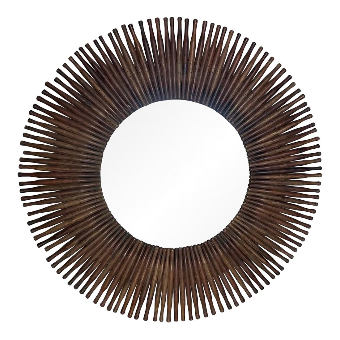 48" Round Rolling Pin Starburst Mirror: Unique custom made mirror with 19th century rolling pins. 48" diameter. Nice neutral tones to the wood Condition: Alterations: Original Condition Unaltered Imperfections: Some Imperfections Condition