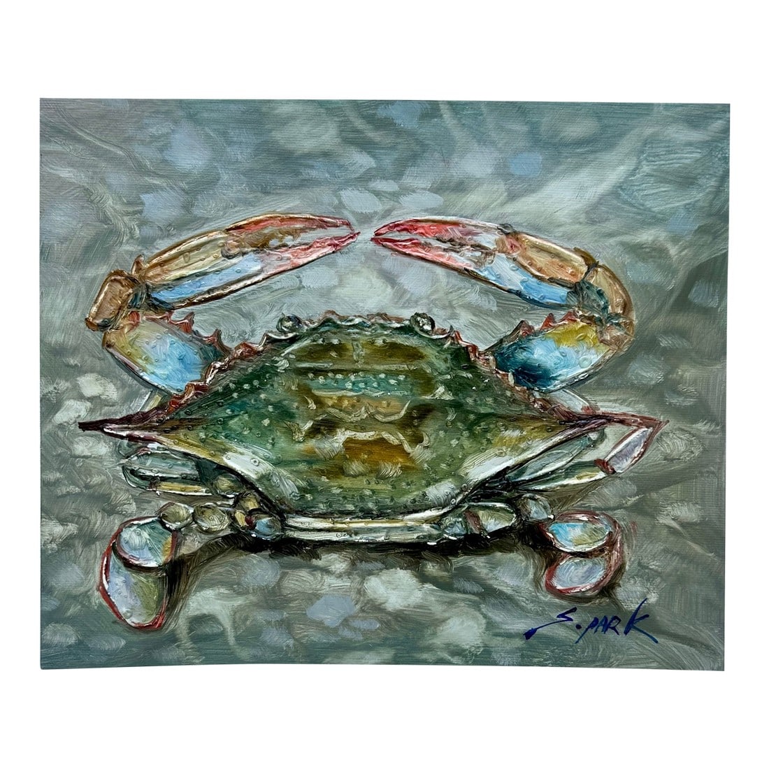 Blue Crab Painting – Textured Coastal Still Life, Unstretched, by S. Park: Original oil painting by the artist S. Park on unstretched canvas, measuring 8 x 10". Painting features expressive brushstrokes and captures the crab's distinctive form and coloration"”soft