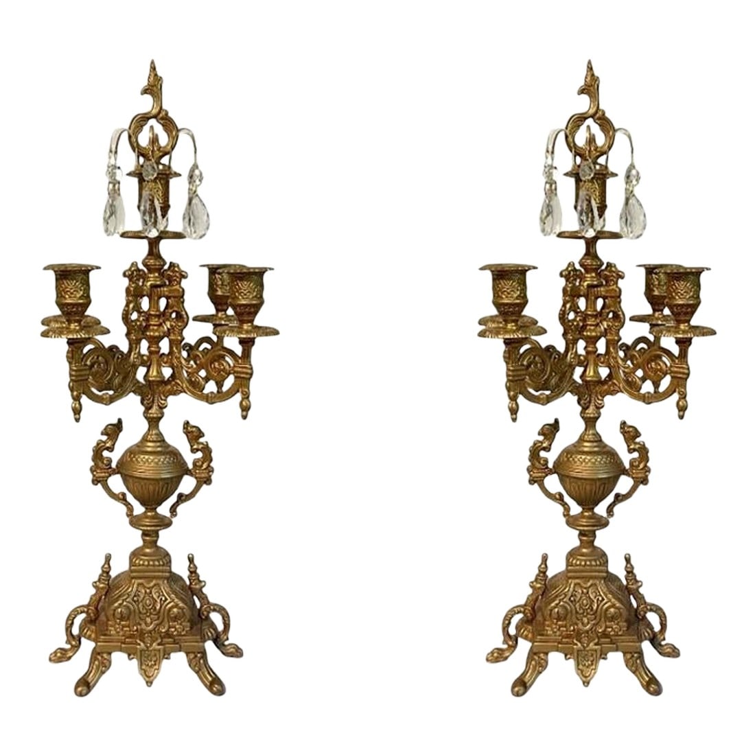 Pair of Vintage Italian Baroque Brass Brevattato 6 Light Candelabra W/Crystals & Snuffers (1 of 6)