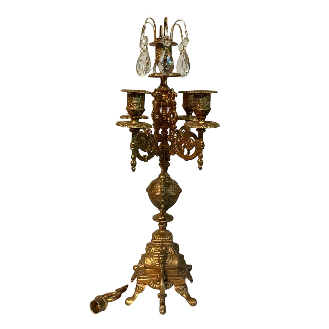 Pair of Vintage Italian Baroque Brass Brevattato 6 Light Candelabra W/Crystals & Snuffers - 2