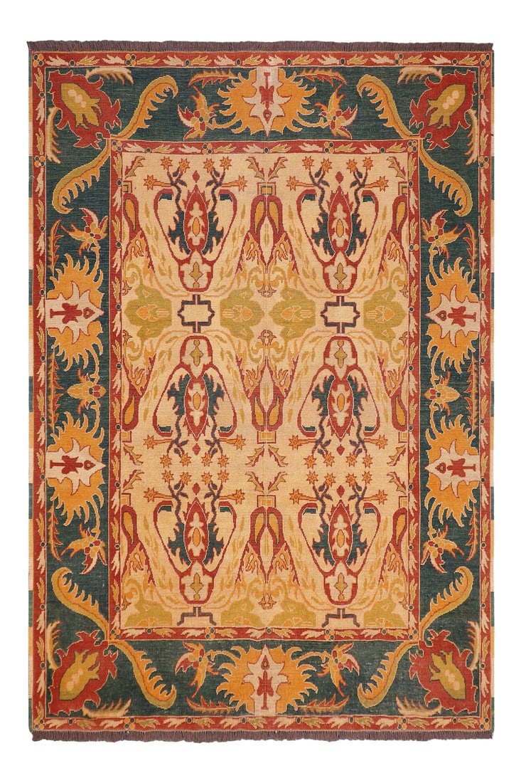 1980s 1980s Vintage Beige/Green Wool Rug: Designed with mesmerizing intricacy and gorgeous color palette, this hand-knotted masterpiece is an semi-Vintage distressed vintage rug. Featuring a low-pile, showcasing the intricate design and pile