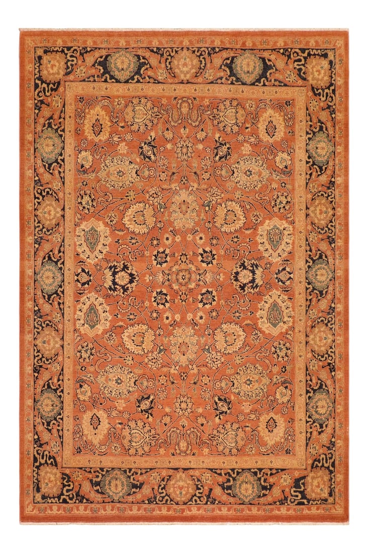 1980s 1980s Vintage Bohemian Gary Rust/Blue Wool Rug: Designed with mesmerizing intricacy and gorgeous color palette, this hand-knotted masterpiece is an semi-Vintage distressed vintage rug. Featuring a low-pile, showcasing the intricate design and pile