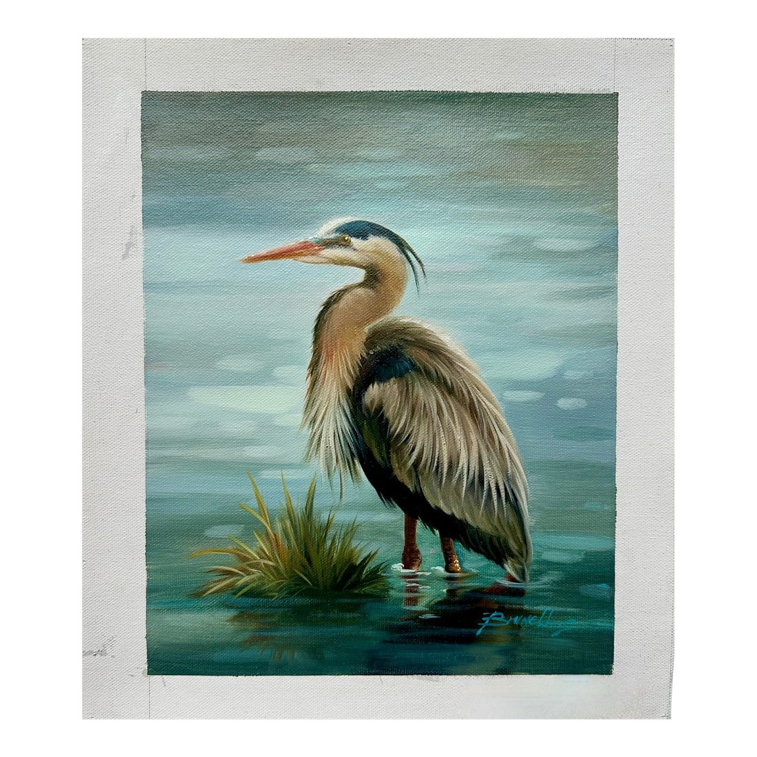 Blue Heron Coastal Original Oil on Canvas, Unstretched by Brunehylis: Original oil on unstretched canvas, measuring 8" x 10". Signed by artist Brunehylis, circa 2024. Please note: If you purchase multiple items, we'll gladly combine shipping"”just send us a
