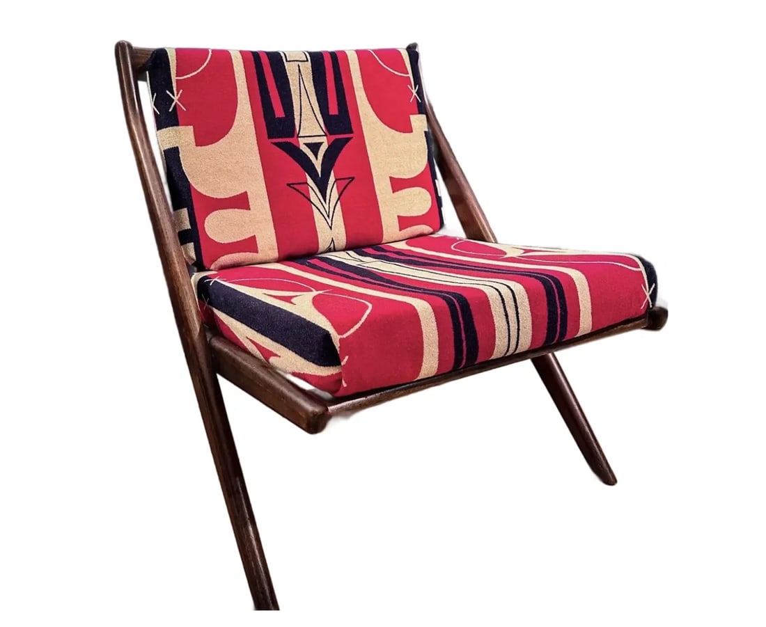 MCM Walnut Chair With Vintage Pendleton Will Upholstery - 6
