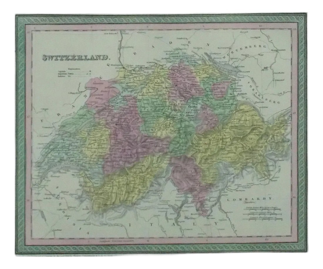 Map of Switzerland by Cowperthwait, 1850: Original engraving by Thomas Cowperthwait, circa 1850. Beautiful original color. Dimensions 14" x 17.25". Please note: If you purchase multiple items, we'll gladly combine shipping"”just send
