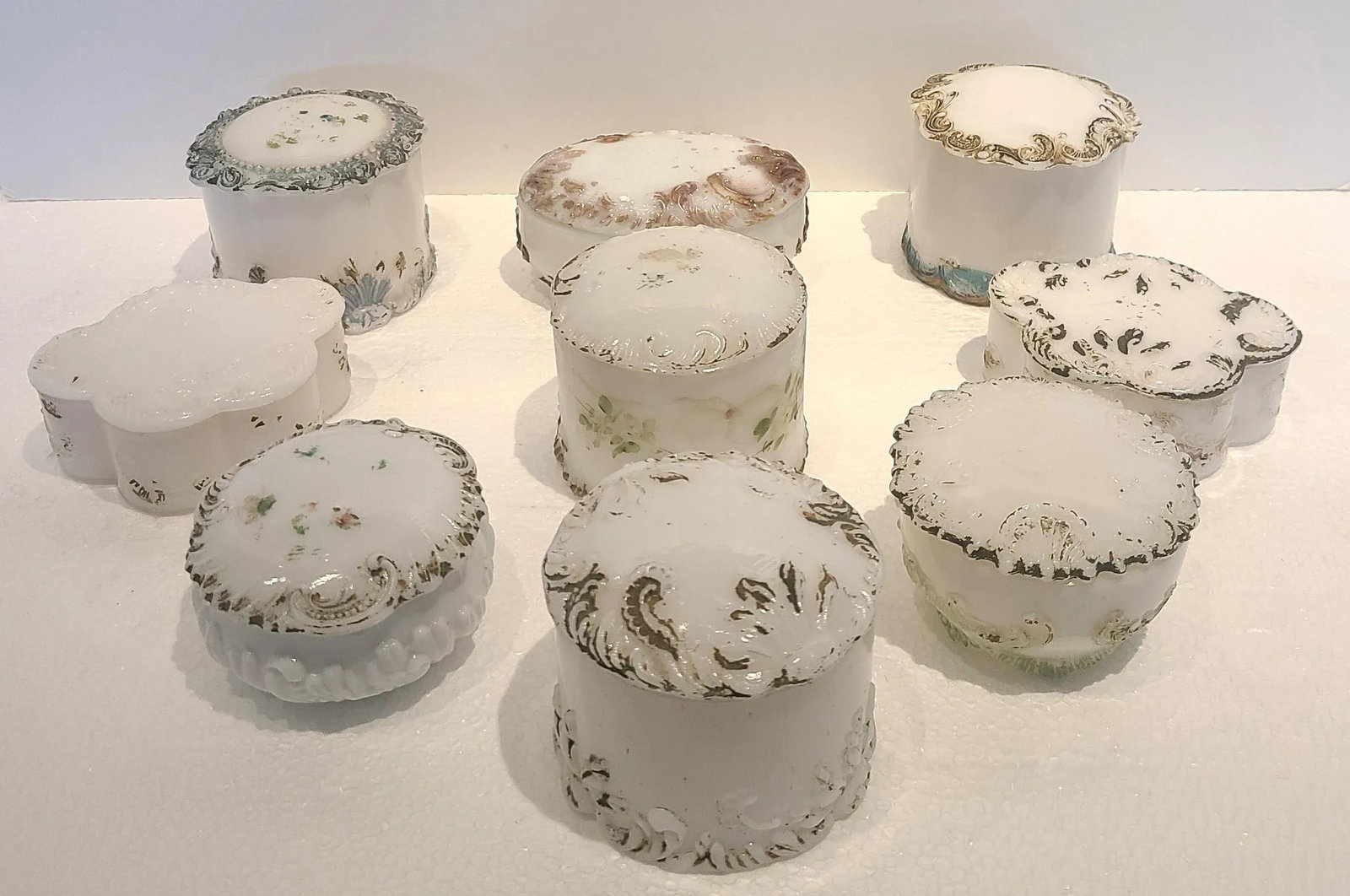 Antique Dithridge Milk Glass Decorated Vanity Boxes- Set of 9 - 10