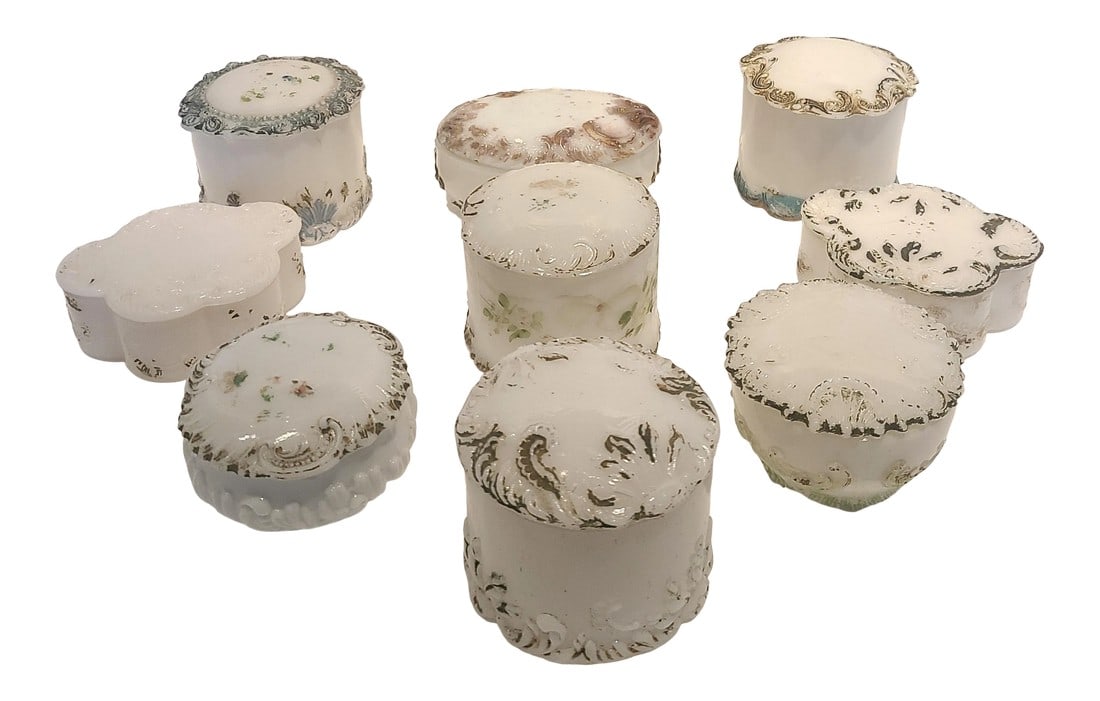 Antique Dithridge Milk Glass Decorated Vanity Boxes- Set of 9: Nine (9) Dithridge & Company antique milk glass jewel boxes 1890s. Dithridge & Company operated between 1862-1900 in Pittsburgh and Jeannette, Pennsylvania. Edward Dithridge, inventor and glass