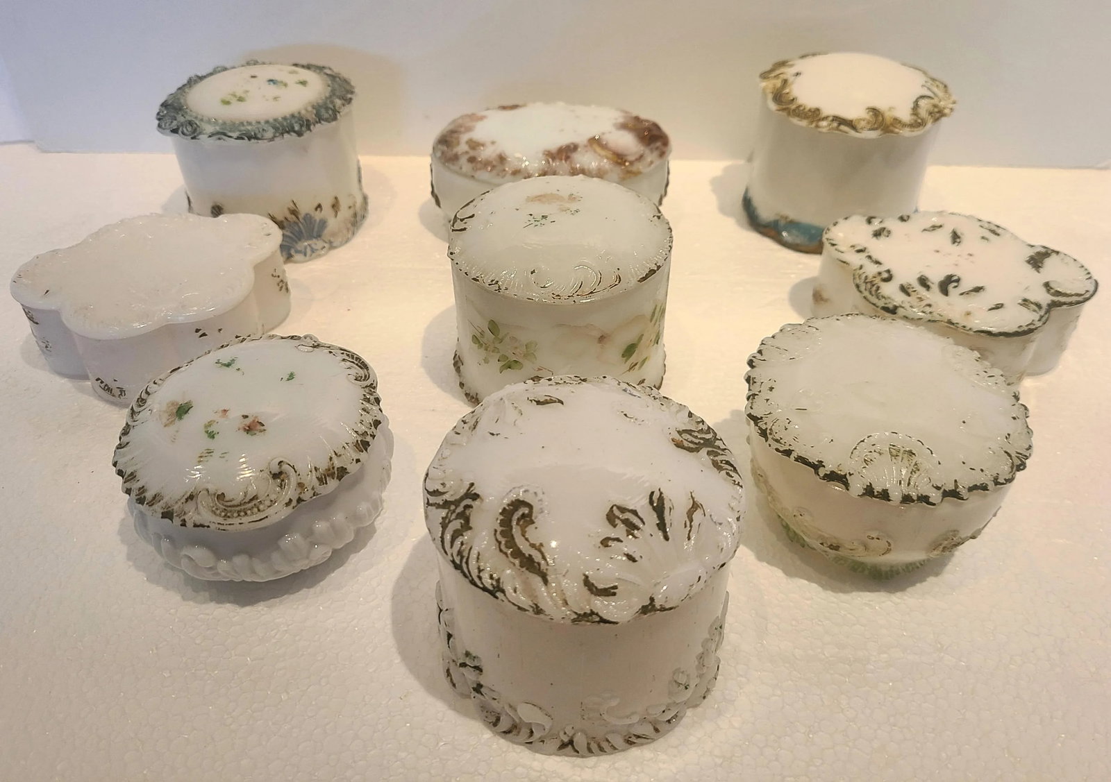 Antique Dithridge Milk Glass Decorated Vanity Boxes- Set of 9 - 2