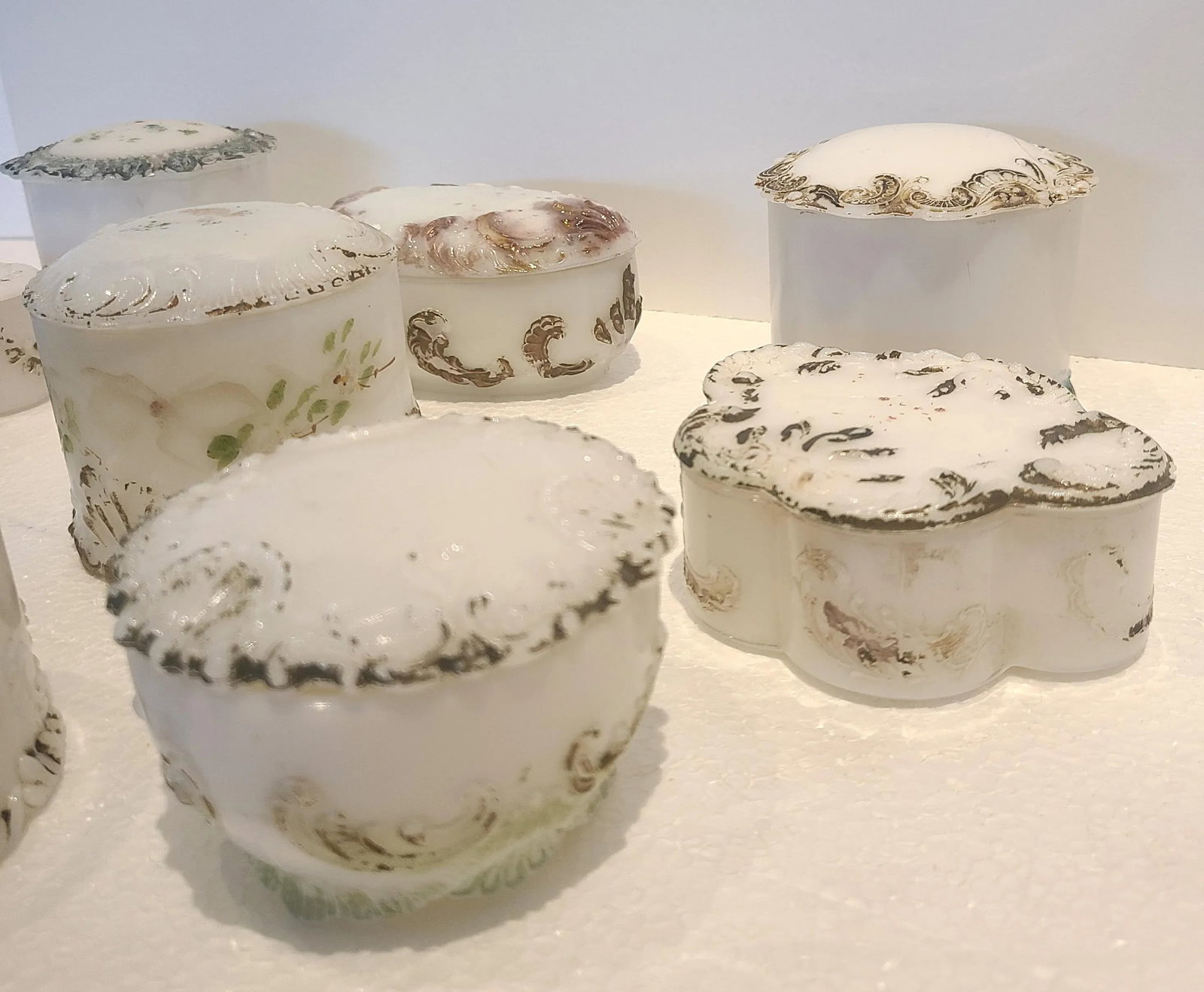 Antique Dithridge Milk Glass Decorated Vanity Boxes- Set of 9 - 3