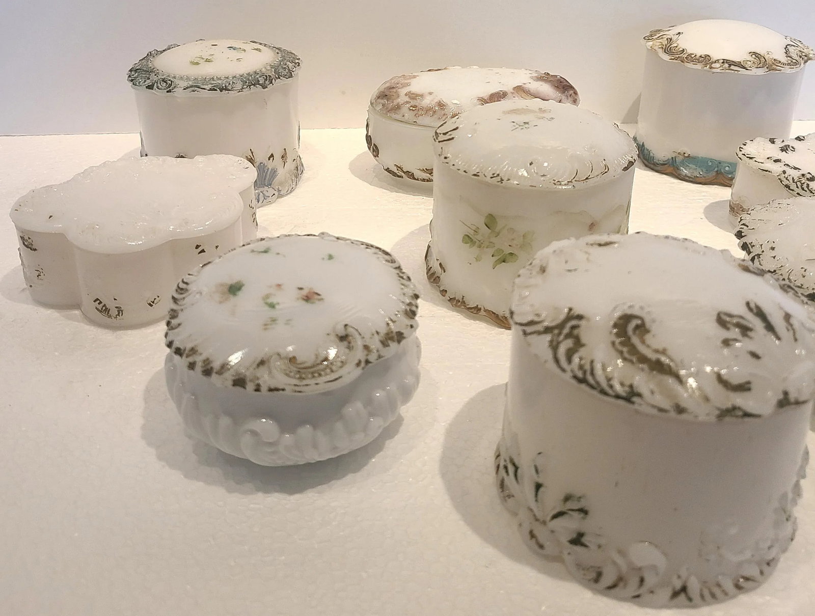 Antique Dithridge Milk Glass Decorated Vanity Boxes- Set of 9 - 4
