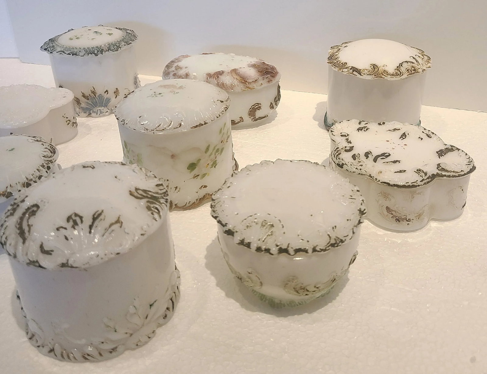 Antique Dithridge Milk Glass Decorated Vanity Boxes- Set of 9 - 5