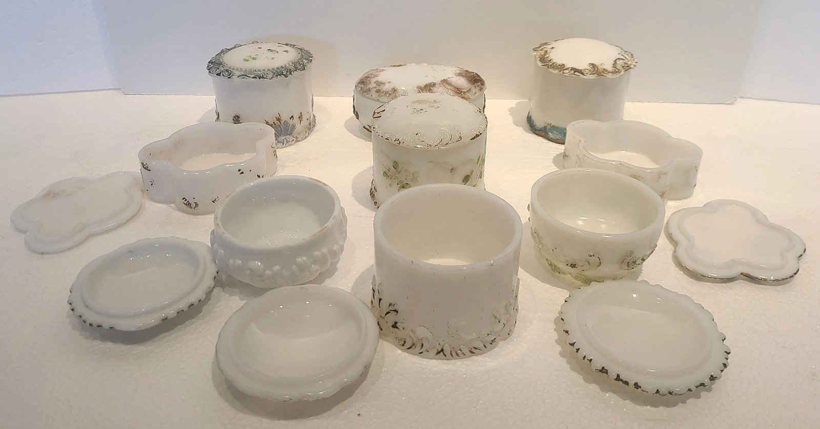 Antique Dithridge Milk Glass Decorated Vanity Boxes- Set of 9 - 6